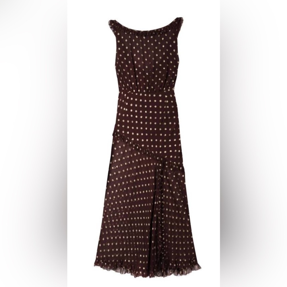 RIXO Barrette Asymmetrical Brown Polka Dot Dress